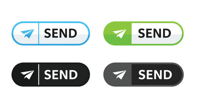 Collection of four modern send buttons with paper airplane icon in blue, green, black, and gray color variations