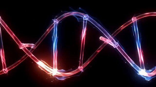Glowing double helix structure representing genetic code with vibrant blue and red light against a dark background.