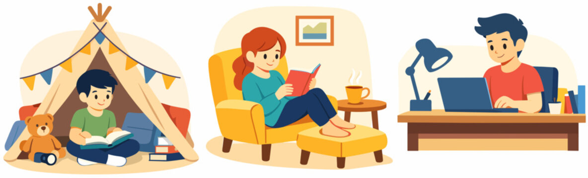 Group of cute children reading books, playing with toys and studying together in cozy living room with tent decorations, happy kids activity concept.
