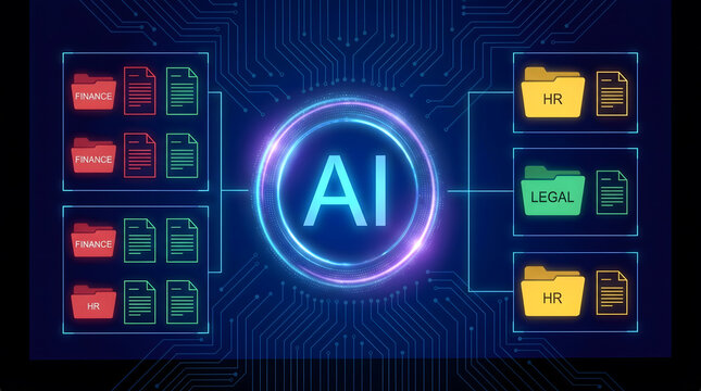 Futuristic AI Agent classifying Documents and Digital Files Concept