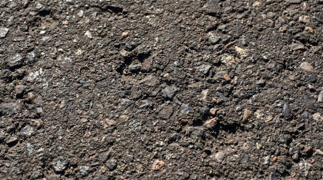 Detailed close-up view of asphalt pavement texture, showing small pebbles and dark bitumen binding them together, perfect for construction or road surface backgrounds