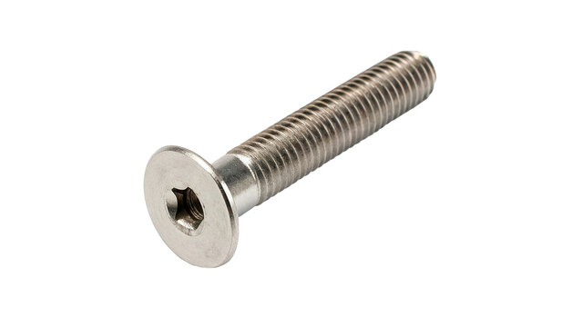 Single metallic silver socket head cap screw bolt with countersunk flat top for mechanical hardware fastening on transparent background
