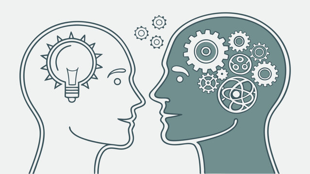 Vector illustration of two human head profiles symbolizing ideas innovation logic creative thinking