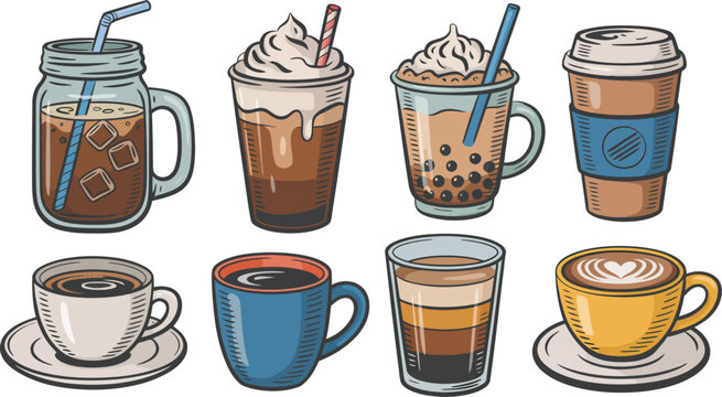Coffee beverages set, iced drinks latte cappuccino espresso and takeaway cups in detailed flat vector style for caf&eacute; menu and drink branding design.