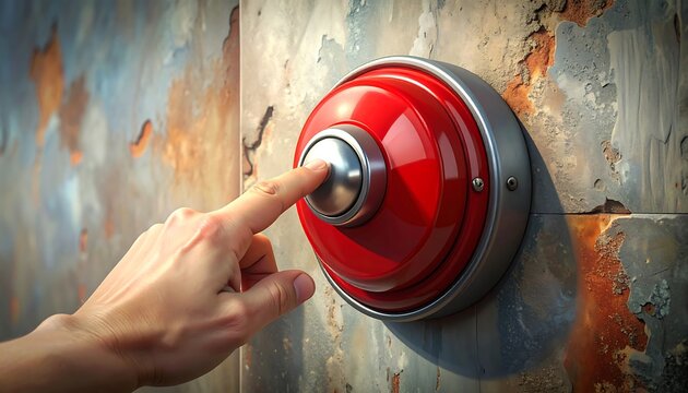 A close-up view depicts a hand pressing a shiny, red button set against a weathered, metallic wall with rust. The lighting highlights texture