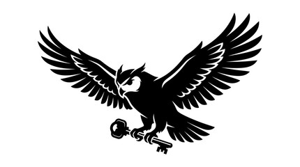 Fototapeta premium Black owl carrying key silhouette flying against white background minimalist line art