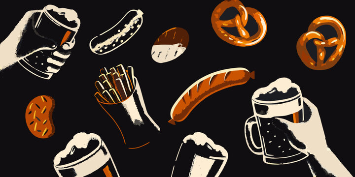 vector collage of beer sausage and snack icons on black background