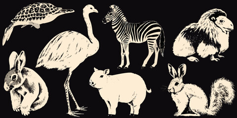 vector illustration of vintage style animals on black background © Suvro