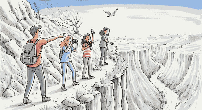 Hikers exploring a vast canyon, observing a bird in flight, capturing memories with cameras.