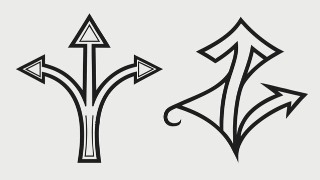 Set of two abstract arrow symbols indicating multiple directions and choices, outline vector illustration