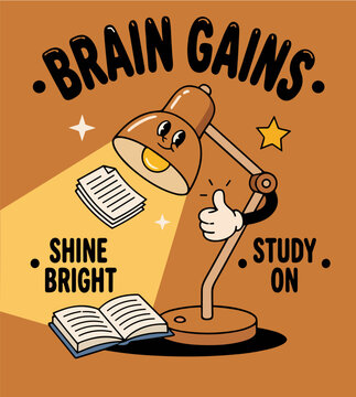 Brain Gains quote typography with cute retro desk lamp character, education sticker