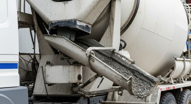 Concrete truck drum and chute pouring grey cement mixture onto construction site, showcasing industrial material transport and building process.