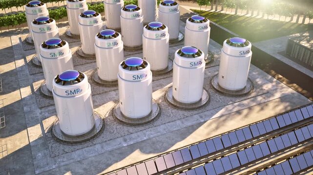 3d rendering smr or small modular nuclear reactors with solar panels and energy storage systems 4k footage       