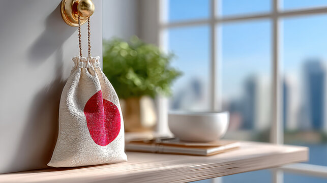 Japanese rising sun sachet hanging on a minimalist office wall hook with shelf objects for interior decor and desktop background