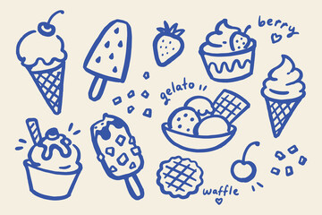 Fototapeta na wymiar Ice Cream Dessert Set Doodle Sketch Vector