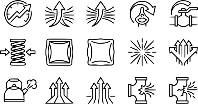 Engineering Physics Line Art Icons Set. Black  white outline symbols for growth, pressure, flow, movement, steam, burst, compression, and expansion concepts.
