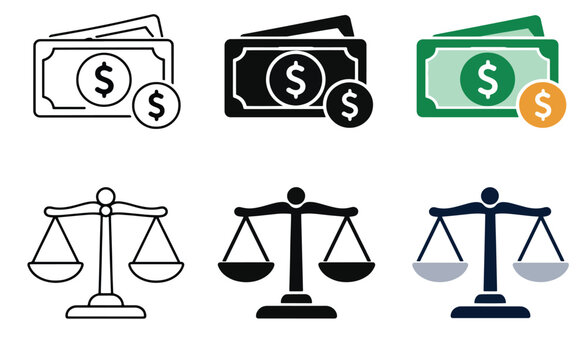 Abstract icon set of money and financial balance with paper dollar bills and equality scales in outlined filled and colorful styles arranged in 2x3 grid for economic fairness and financial management 