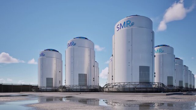 Smr or small modular nuclear reactors power plant against blue sky