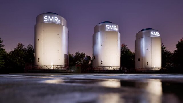 Smr or small modular nuclear reactors power plant against twilight sky