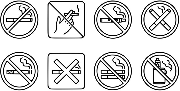Set of No Smoking and No Vaping Icons in Line Art Style