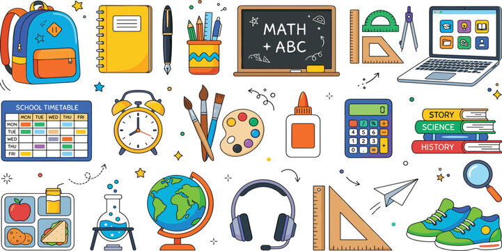 Back to School Education Icon Set with School Supplies and Learning Tools Vector Illustration Design