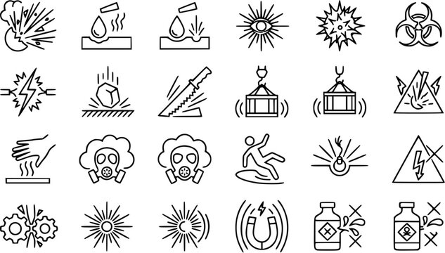 Black and White Line Art Icons of Safety and Hazard Symbols for Warning and Danger