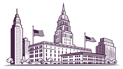 Obraz premium Detailed architectural drawing of a city skyline with american flags architecture buildings skyscraper