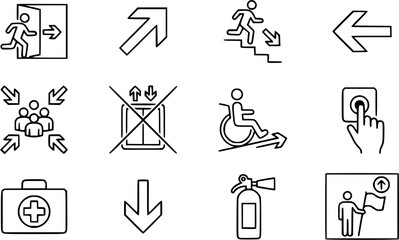Black and White Line Art Emergency Safety Icons Set for Public Signs, Evacuation, Directional Arrows, and Accessibility Pictograms © amara