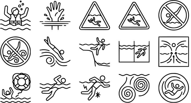 Black and White Line Art Icons of Swimming and Water Safety Symbols for Pool and Ocean