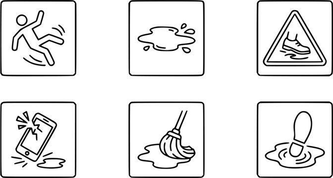 Workplace Safety Wet Floor Slipping Hazard Line Art Icons Set. Cleaning Spill Accident Warning Glyphs for Maintenance and Public Area Safety.