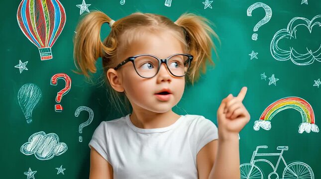 A thoughtful girl with glasses is standing in front of a green school blackboard with drawings, holding her finger to her chin and looking up, representing the concept of children's imagination