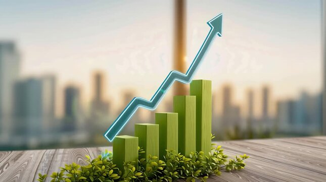 A green histogram of wooden bars growing out of leaves, with a glowing arrow pointing upwards against the backdrop of a blurred city.	
