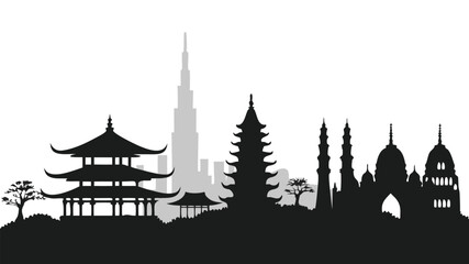 Obraz premium Silhouette skyline of famous asian and middle eastern landmarks including pagodas mosque modern skyscraper