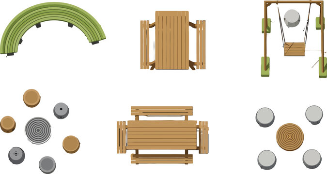 Top view park furniture set with wooden picnic tables benches and playground swing for landscape design projects