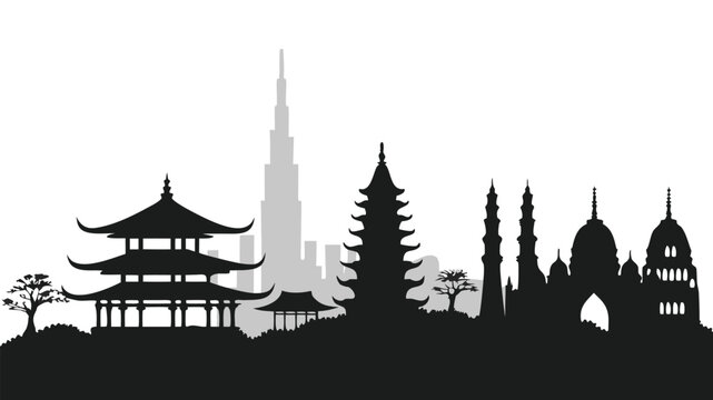 Silhouette skyline of famous asian and middle eastern landmarks including pagodas mosque modern skyscraper