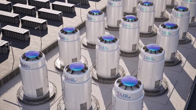 Smr or small modular nuclear reactors with energy storage system or battery container units view from above