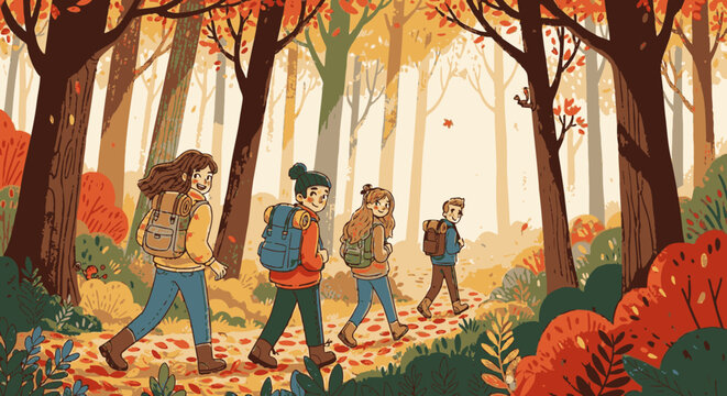 Family hiking in autumn forest with colorful trees and fallen leaves, enjoying nature and outdoor activity