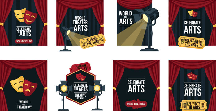 Set of Theater and Arts Vector Illustrations Featuring Stage Curtains, Spotlight, Drama Masks, and Event Labels for Performing Arts, Entertainment, and Celebration Designs