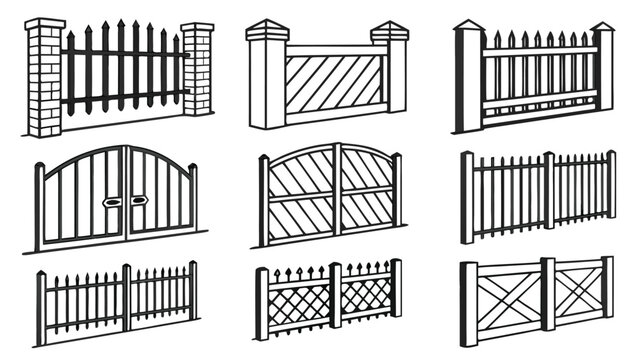 Collection of various decorative garden fence and gate designs set with collection ornamental architecture