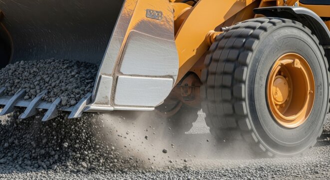 Industrial machine with large tire and metal scoop digging into gravelly ground, creating dust clouds