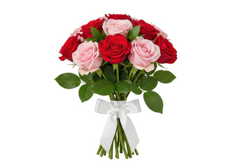 Fototapeta premium Bouquet of red and pink roses with green leaves tied with white ribbon isolated on transparent background
