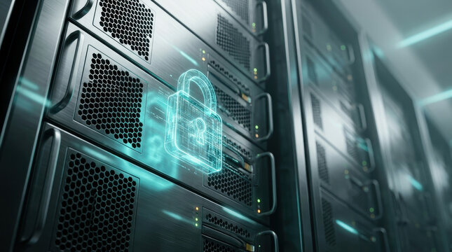 Cybersecurity threats challenge enterprise data protection with advanced digital lock technology securing server racks in modern data center environment