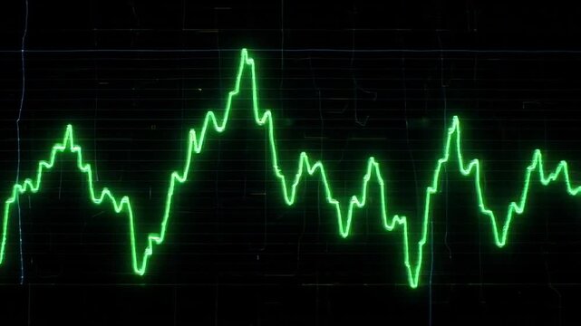Vibrant green waveform of sound or data displayed on a dark digital screen, representing analysis and progress.