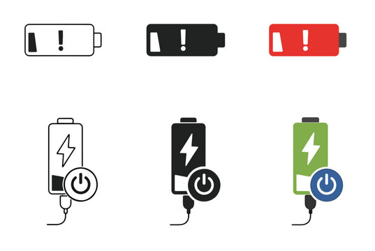 Abstract icon set of battery status and charging symbols with low power exclamation marks and lightning bolt energy indicators in outlined filled and colorful styles arranged in 2x3 grid for electroni