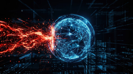 Fototapeta premium Digital globe with glowing blue network lines faces fiery red cybersecurity threats in dark enterprise environment symbolizing protection against cyber attacks and data breaches