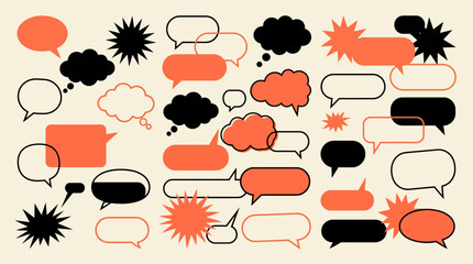 Fototapeta premium Abstract collage of speech bubbles and thought clouds in orange, black, and white for communication, dialogue, brainstorming, and visual messaging concepts.