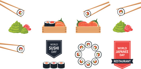Set of World Sushi Day Vector Illustrations Featuring Sushi Rolls, Chopsticks, Wasabi, Japanese Cuisine, and Restaurant Labels for Food, Menu, and Celebration Designs © Firoz