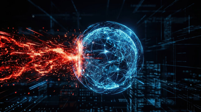 Digital globe with glowing blue network lines faces fiery red cybersecurity threats in dark enterprise environment symbolizing protection against cyber attacks and data breaches
