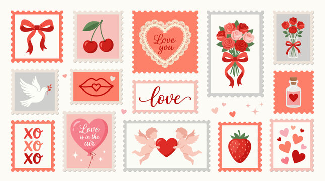 Valentine's Day icons collage featuring hearts, roses, gifts, envelopes, stamps, love motifs, and pink-red design elements