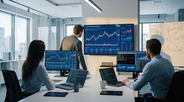 Business professionals discussing cryptocurrency and artificial intelligence strategies in a glass-walled conference room with large display screens showing market analytics.